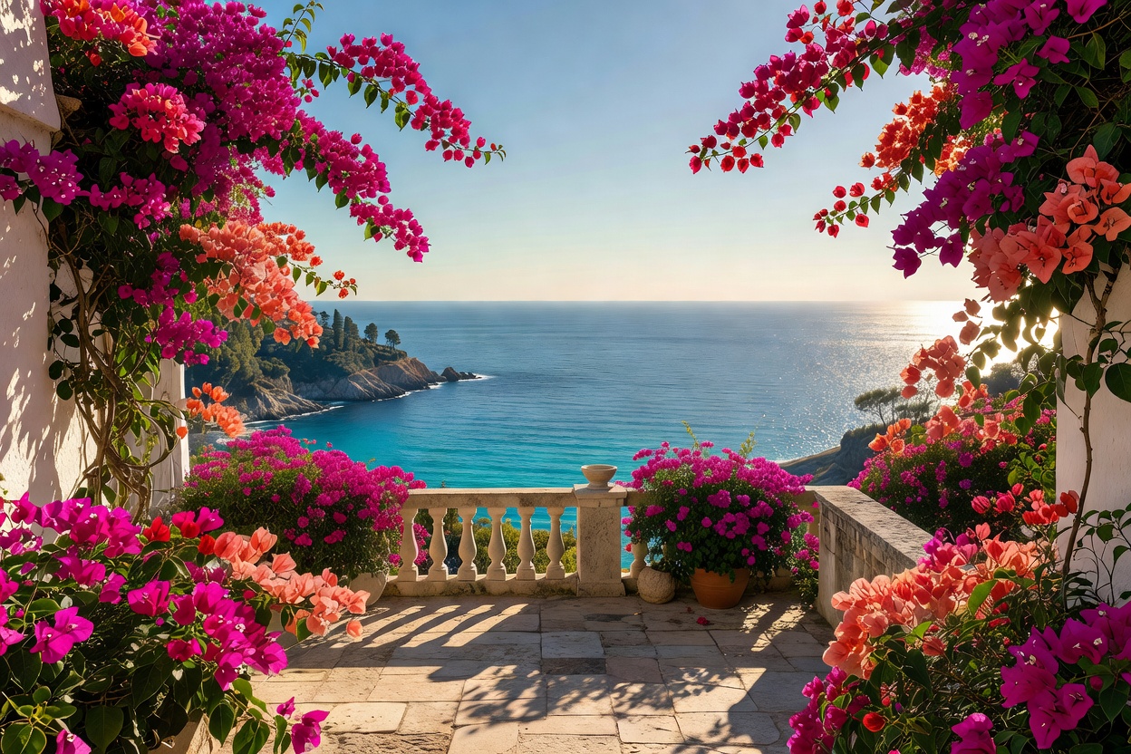 Bougainvillea lined terrace overlooking the Tyrrhenian sea