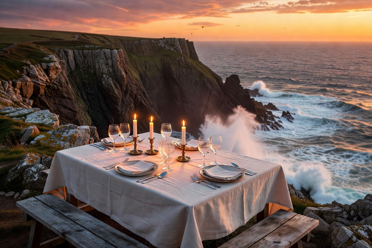 Outdoor sea cliff dining table prepared for dinner