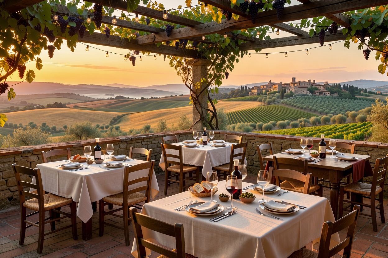 Sunset dining terrace overlooking the Tuscan hills
